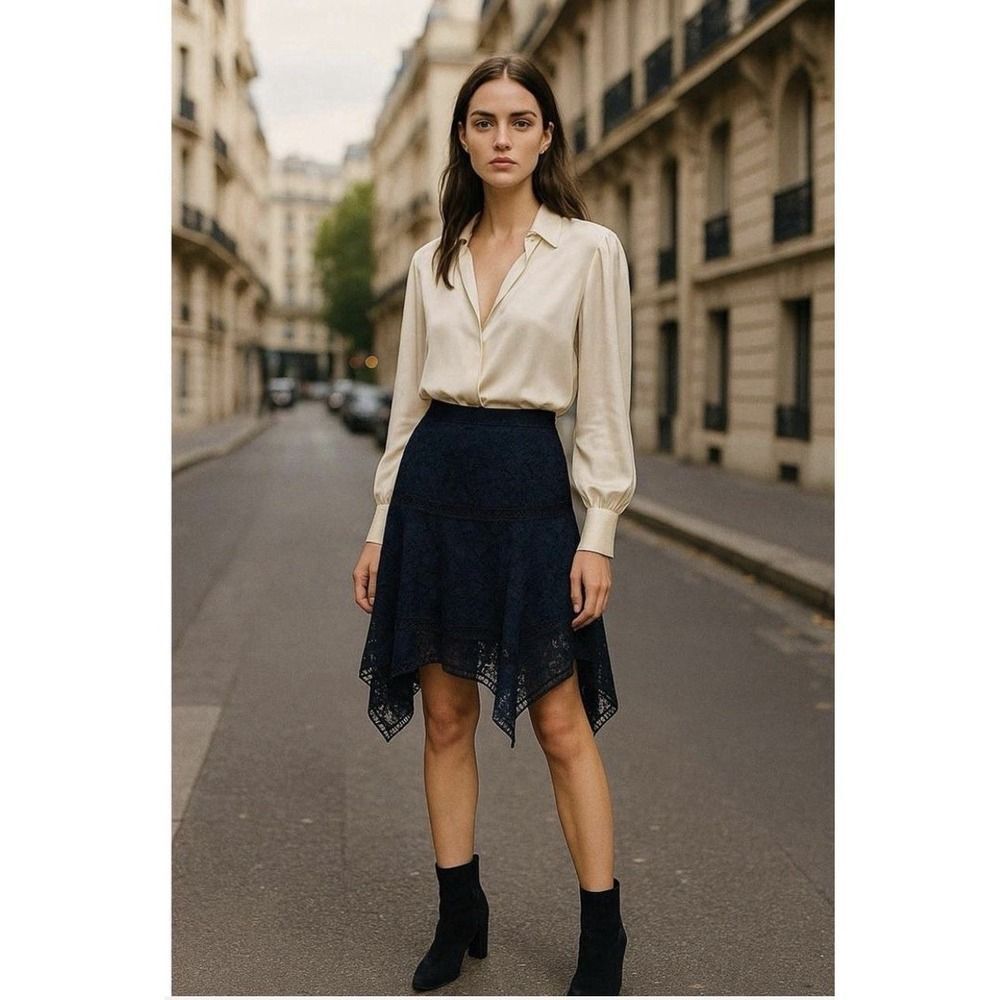 Veronica Beard Lace Mini Skirt Navy Sz 6 Asymmetrical Hem - Picture 1 of 13
